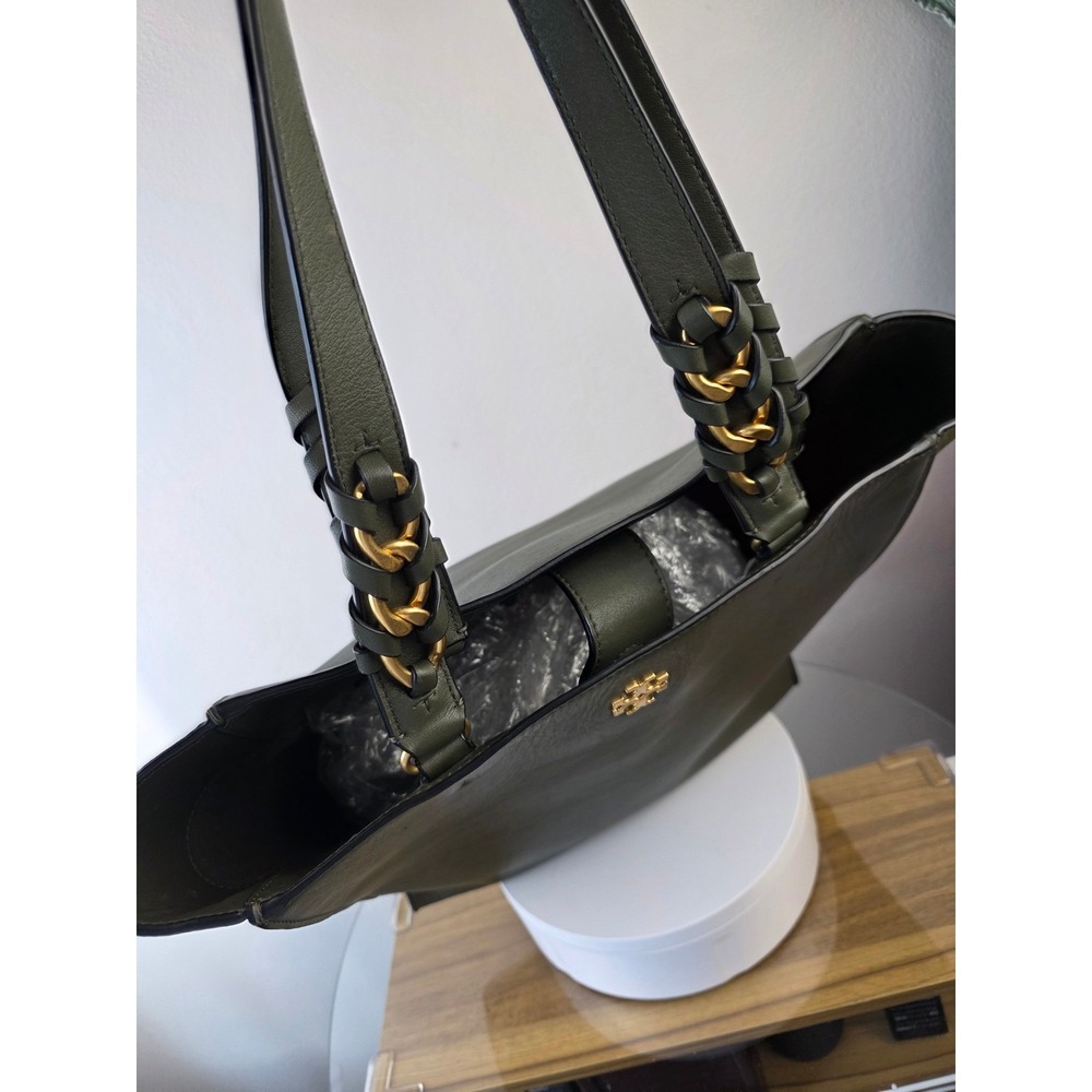 Tory Burch McGraw Mixed-Materials Tote Olive Green Leather Suede Gold Chain Bag - Picture 16 of 16